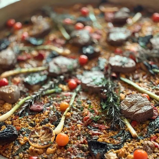Paella con medallones de res, espárragos, romero y jitomates cherry.